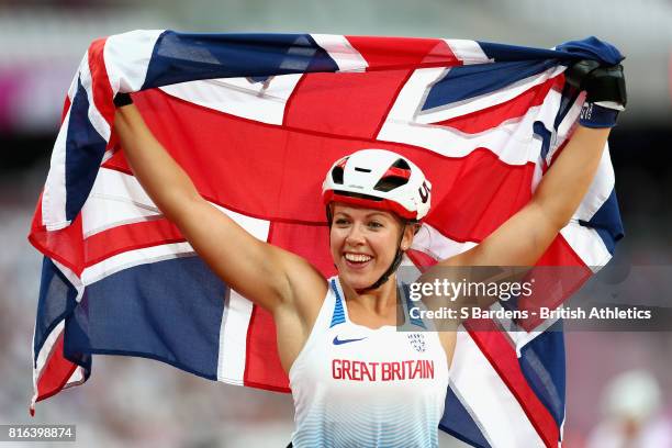 Hannah Cockcroft of Great Britain celebrates winning gold in the Women's 800m T34 Final during Day Four of the IPC World ParaAthletics Championships...