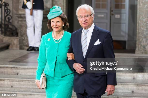 King Carl Gustaf of Sweden and Queen Silvia of Sweden depart after a thanksgiving service on the occasion of The Crown Princess Victoria of Sweden's...