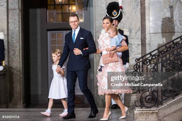 Crown Princess Victoria of Sweden, Prince Oscar of Sweden, Princess Estelle of Sweden and Prince Daniel of Sweden depart after a thanksgiving service...