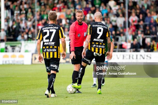 Referee Glenn Nyberg react during the allsvenskan match between Jonkopings Sodra and BK Hacken at Stadsparksvallen on July 17, 2017 in Jonkoping,...