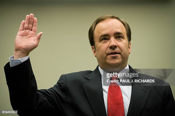 Former White House Press Secretary Scott McClellan is sworn in during a House Judiciary Committee hearing on Capitol Hill, June 20, 2008 in...