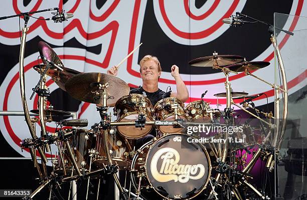 Drummer Tris Lmboden of the rock band Chicago performs on CBS' "The Early Show" at Charter One Pavilion on June 20, 2008 in Chicago, Illinois.