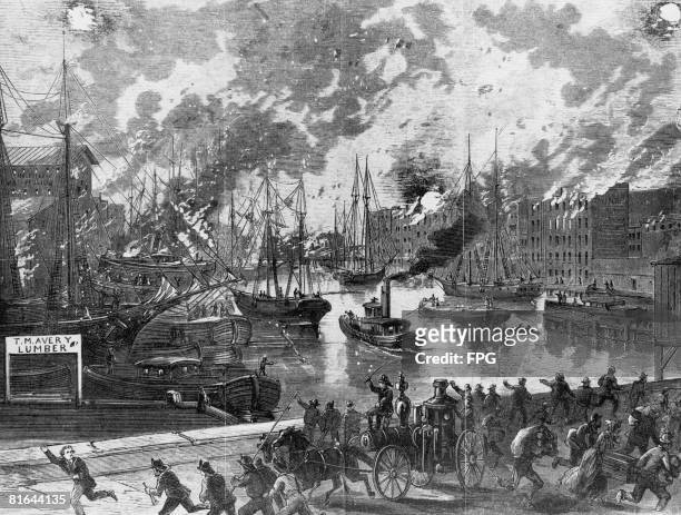 The flames spread across the Chicago River, fuelled by the closely-packed wooden ships, during the Great Chicago Fire of October 1871.