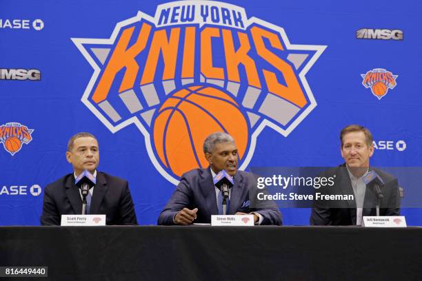 New York Knicks team President, Steve Mills and Jeff Hornacek of the New York Knicks introduce General Manager Scott Perry at a pess conference at...