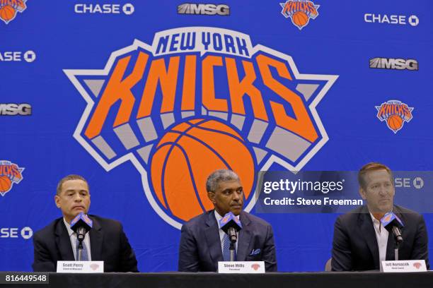 New York Knicks team President, Steve Mills and Jeff Hornacek of the New York Knicks introduce General Manager Scott Perry at a pess conference at...