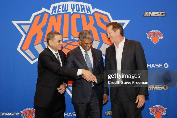 New York Knicks team President, Steve Mills and Jeff Hornacek of the New York Knicks introduce General Manager Scott Perry at a pess conference at...