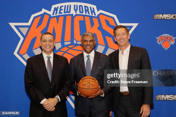 New York Knicks team President, Steve Mills and Jeff Hornacek of the New York Knicks introduce General Manager Scott Perry at a pess conference at...