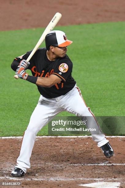 Ruben Tejada of the Baltimore Orioles prepares for a pitch during a baseball game against the Chicago Cubs at Oriole Park at Camdens Yards on July...