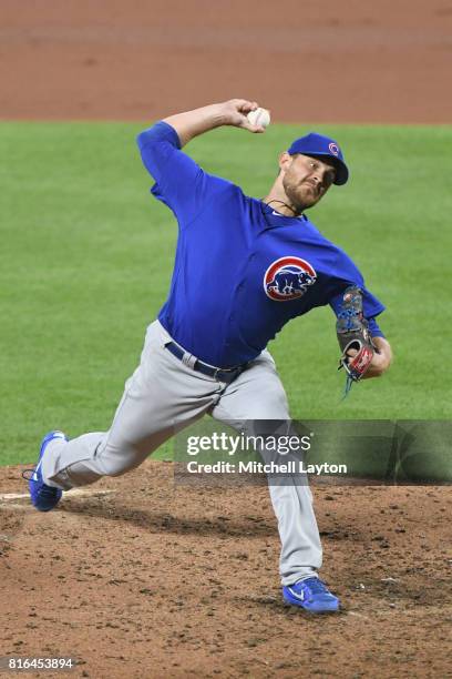 Justin Grimm of the Chicago Cubs pitches during a baseball game against the Baltimore Orioles at Oriole Park at Camdens Yards on July 14, 2017 in...