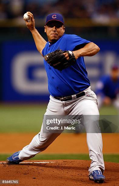 Starting pitcher Carlos Zambrano of the Chicago Cubs pitches against the Tampa Bay Rays during the game on June 18, 2008 at Tropicana Field in St....