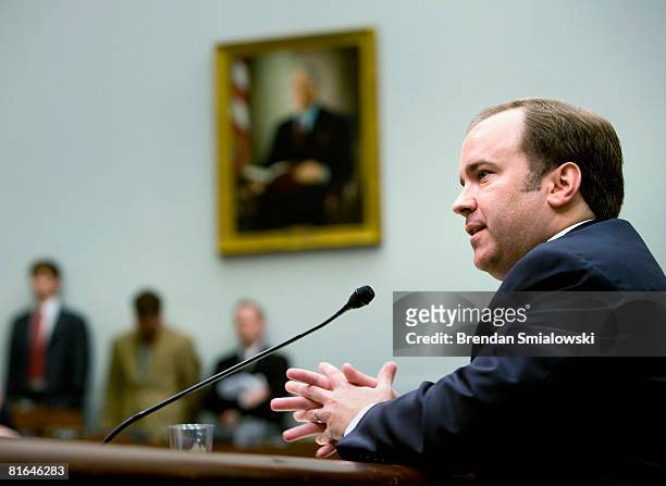 Former White House Press Secretary Scott McClellan speaks during a hearing of the House Judiciary Committee on Capitol Hill June 20, 2008 in...