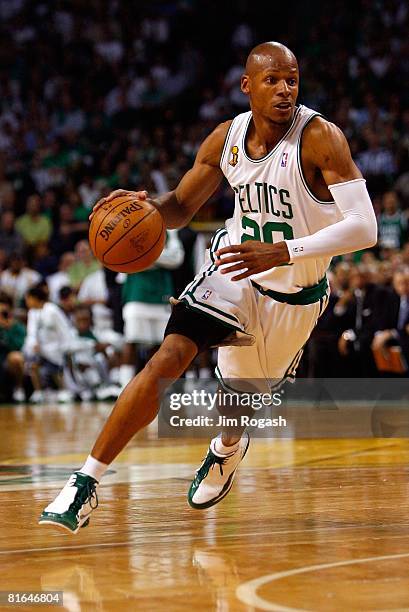 Ray Allen of the Boston Celtics drives to the basket in Game Six of the 2008 NBA Finals against the Los Angeles Lakers on June 17, 2008 at TD...