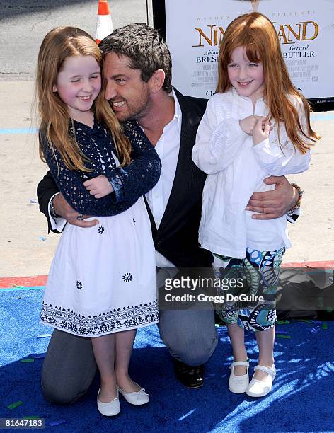 Actor Gerard Butler and nieces Katie and Rachel Butler arrive at the world premiere of "Nim's Island on March 30, 2008 at Grauman's Chinese Theater...