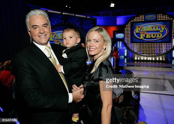 Host John O'Hurley, his 18 month old son William on his wife Lisa O'Hurley on the set of Family Feud on June 20, 2008 at KTLA in Los Angeles,...