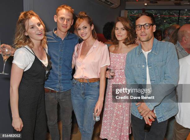 Laura Carmichael, Robert Emms, Hannah Tointon, Kara Tointon and Nick Blood attend the press night party for "Twilight Song" at The Park Theatre on...