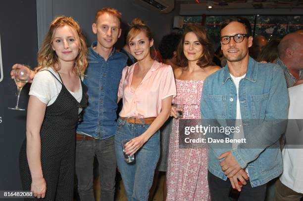 Laura Carmichael, Robert Emms, Hannah Tointon, Kara Tointon and Nick Blood attend the press night party for "Twilight Song" at The Park Theatre on...