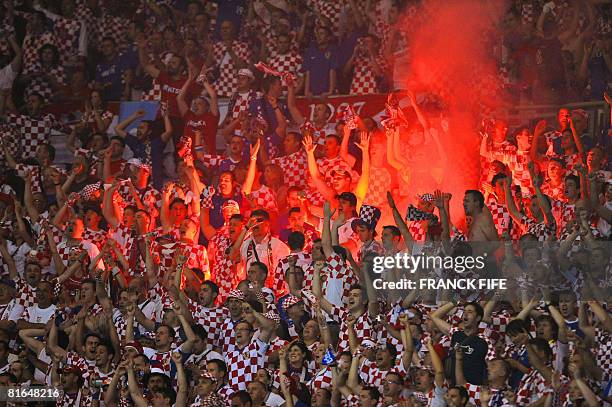 Croatian fans hold a flare during the Euro 2008 Championships quarter-final football match Croatia vs. Turkey on June 20, 2008 at Ernst Happel...