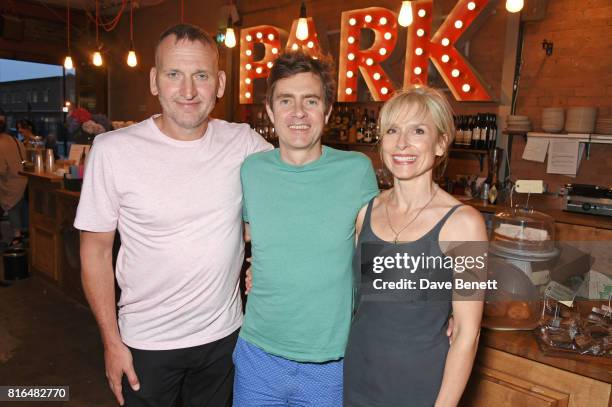 Christopher Eccleston, cast member Paul Higgins and wife Amelia Bullmore attend the press night party for "Twilight Song" at The Park Theatre on July...