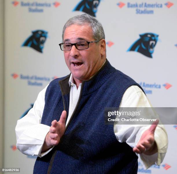 Carolina Panthers general manager Dave Gettleman gestures as he speaks to the media during his end of season press conference on Tuesday, Jan. 3,...