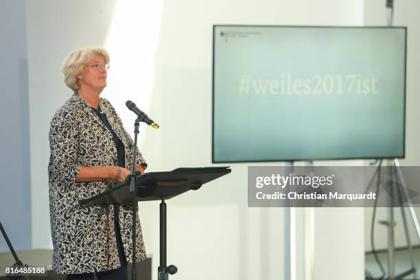 Monika Gruetters speaks to the audience during the '#weiles2017ist' Reception And Closing Ceremony at Bundeskanzleramt on July 17, 2017 in Berlin,...