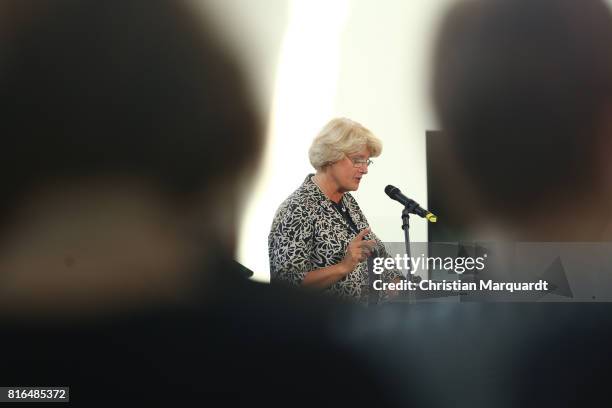 Monika Gruetters speaks to the audience during the '#weiles2017ist' Reception And Closing Ceremony at Bundeskanzleramt on July 17, 2017 in Berlin,...