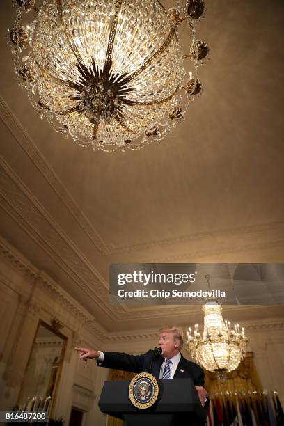 President Donald Trump delivers remarks during a Made in America product showcase in the East Room of the White House July 17, 2017 in Washington,...