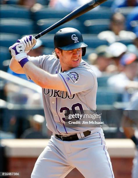 Ryan Hanigan of the Colorado Rockies in action against the New York Mets on July 16, 2017 at Citi Field in the Flushing neighborhood of the Queens...