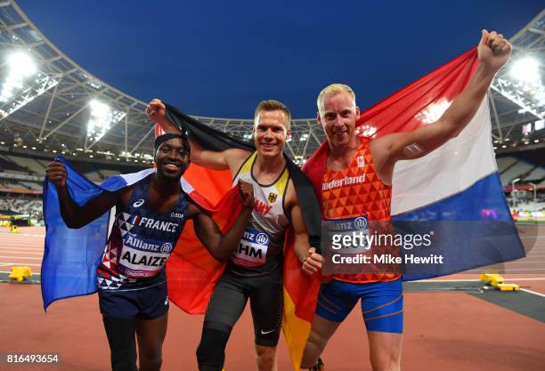 Gold medalist Markus Rehm of Germany, Silver medalist Ronald Hertog of the Netherlands , and Bronze medalist Jean-Baptiste Alaize of France celebrate...