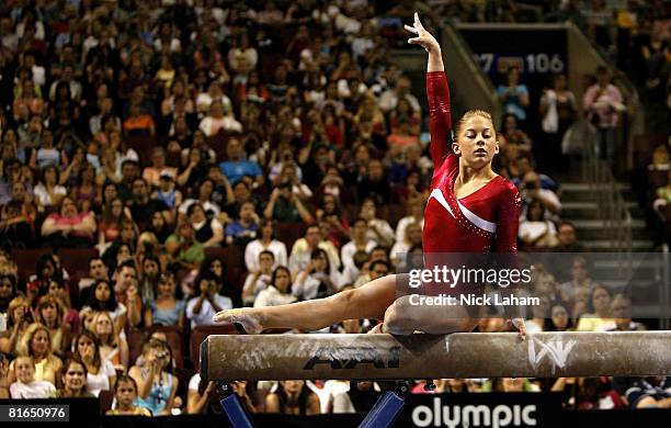 Shawn Johnson competes on the balance beam during day two of the 2008 U.S. Olympic Team Trials for gymnastics at the Wachovia Center on June 20, 2008...