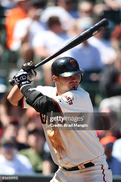 Travis Denker of the San Francisco Giants bats during the game against the Detroit Tigers at AT&T Park in San Francisco, California on June 18, 2008....