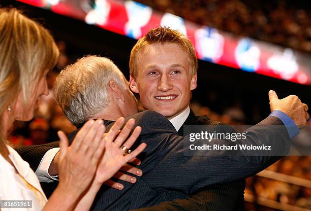 First overall pick, Steven Stamkos hugs a family member after being selected by the Tampa Bay Lightning during the 2008 NHL Entry Draft at Scotiabank...