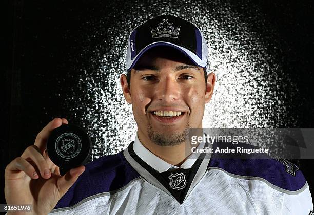 Second overall pick, Drew Doughty of the Los Angeles Kings poses for a photograph after being selected during the 2008 NHL Entry Draft at Scotiabank...