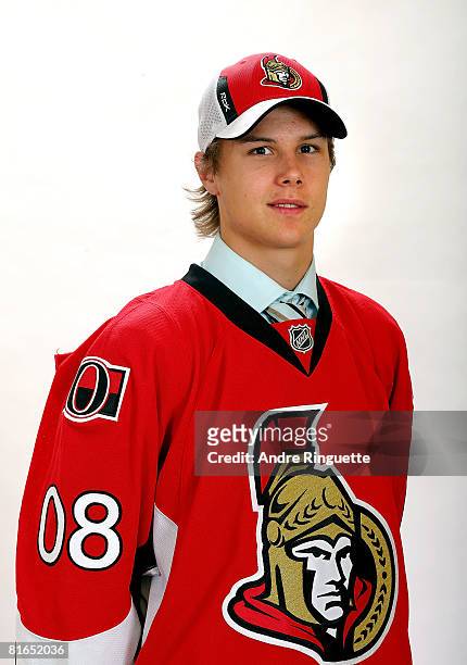 15th overall pick, Erik Karlsson of the Ottawa Senators poses for a portrait after being selected in the 2008 NHL Entry Draft at Scotiabank Place on...