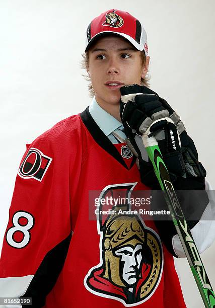 15th overall pick, Erik Karlsson of the Ottawa Senators poses for a portrait after being selected in the 2008 NHL Entry Draft at Scotiabank Place on...