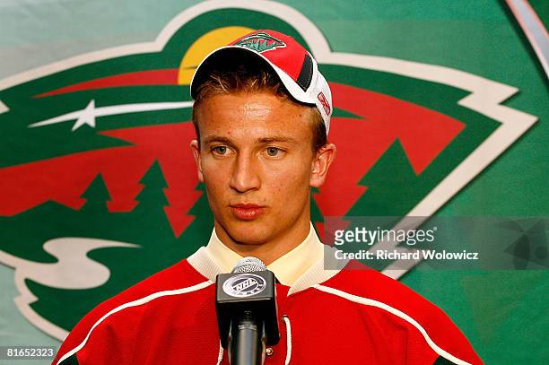23rd overall pick, Tyler Cuma of the Minnesota Wild talks with the media during the 2008 NHL Entry Draft at Scotiabank Place on June 20, 2008 in...