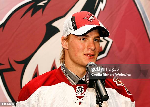 Eighth overall pick, Mikkel Boedker of the Phoenix Coyotes talks with the media during the 2008 NHL Entry Draft at Scotiabank Place on June 20, 2008...