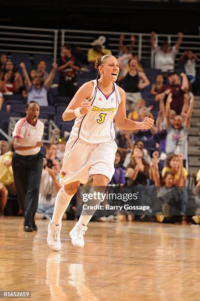 Diana Taurasi of the Phoenix Mercury cheers after making a three point shot against the Chicago Sky on June 20 at U.S. Airways Center in Phoenix,...