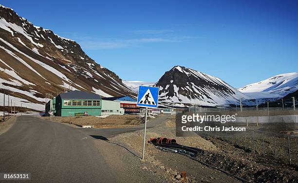 Level crossing stands on a remote section of road on June 21, 2008 in Longyearbyen, Norway. Longyearbyen is the seat of Norwegian local...