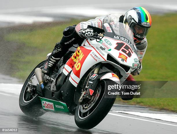 Alex De Angelis of San Marino and San Carlo Honda Gresini in action during practice prior to Qualifying for the Moto GP, British Grand Prix at...