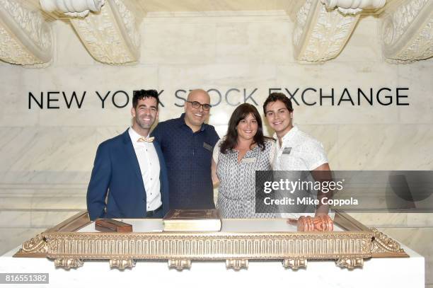 Founder of World Emoji Day Jeremy Burge, Director Tony Leondis, Producer Michelle Raimo Kouyate and Actor Jake T. Austin ring The Closing Bell Of The...