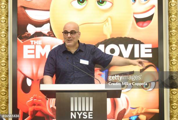 Director Tony Leondis speaks at the ringing of The Closing Bell Of The New York Stock Exchange In Honor Of World Emoji Day at New York Stock Exchange...