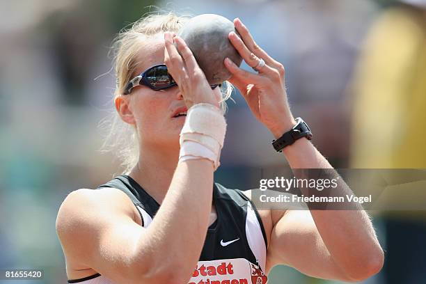 Katja Keller of Germany compete in the shotput event in the Heptathlon during the Erdgas Track and Field Meeting on June 21, 2008 in Ratingen,...