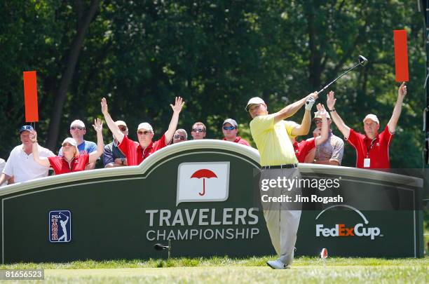 Chad Campbell hits a tee shot during the third round of the Travelers Championship at TPC River Highlands held on June 21, 2008 in Cromwell,...