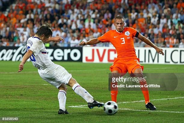 Andrei Arshavin of Russia scores his teams third goal during the UEFA EURO 2008 Quarter Final match between Netherlands and Russia at St. Jakob-Park...