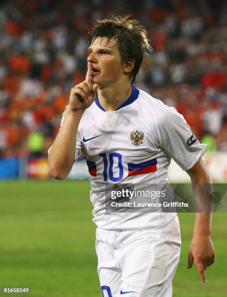 Andrei Arshavin of Russia celebrates scoring his teams third goal during the UEFA EURO 2008 Quarter Final match between Netherlands and Russia at St....