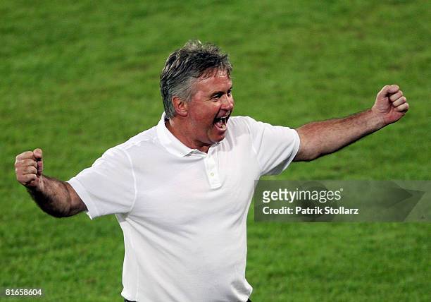 Guus Hiddink, head coach of Russia celebrates after winning the UEFA EURO 2008 Quarter Final match between Netherlands and Russia at St. Jakob-Park...