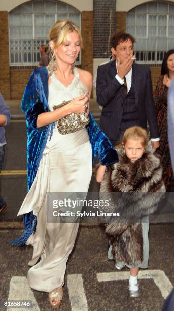 Kate Moss and daughter Lila Moss attend Leah Wood and Jack MacDonald's Wedding on June 21, 2008 in London, England.