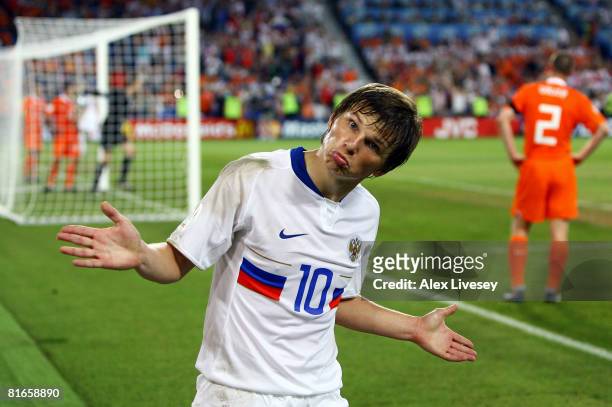 Andrei Arshavin of Russia celebrates Russia's third goal during the UEFA EURO 2008 Quarter Final match between Netherlands and Russia at St....