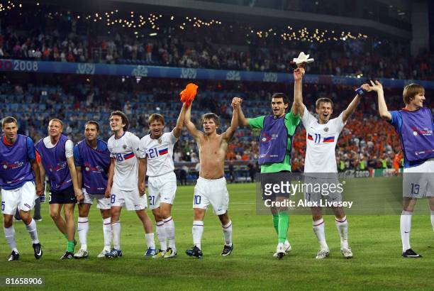 Russia players celebrate victory after the UEFA EURO 2008 Quarter Final match between Netherlands and Russia at St. Jakob-Park on June 21, 2008 in...