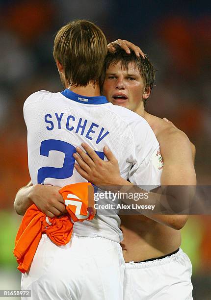 Dmitri Sychev and Andrei Arshavin of Russia celebrate victory after the UEFA EURO 2008 Quarter Final match between Netherlands and Russia at St....